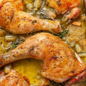 Baked chicken quarters with mushroom gravy