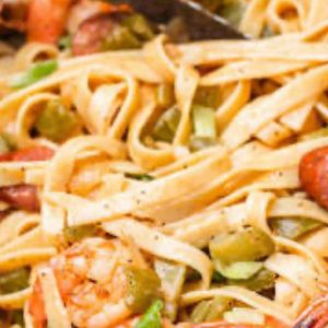 Seared Shrimp Chicken & Sausage Alfredo pasta